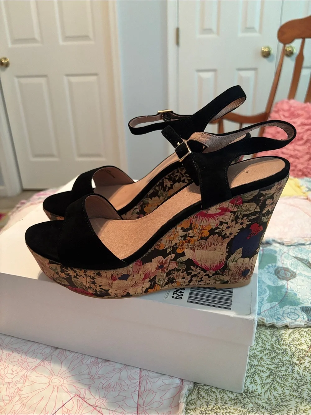 Anthropologie Black Suede Floral Cork-Style Platform Wedge Sandals